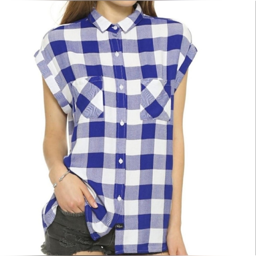 Rails Women's Britt Rolled Sleeve Button Down Plaid Shirt Blue/White Size Medium - Picture 6 of 15